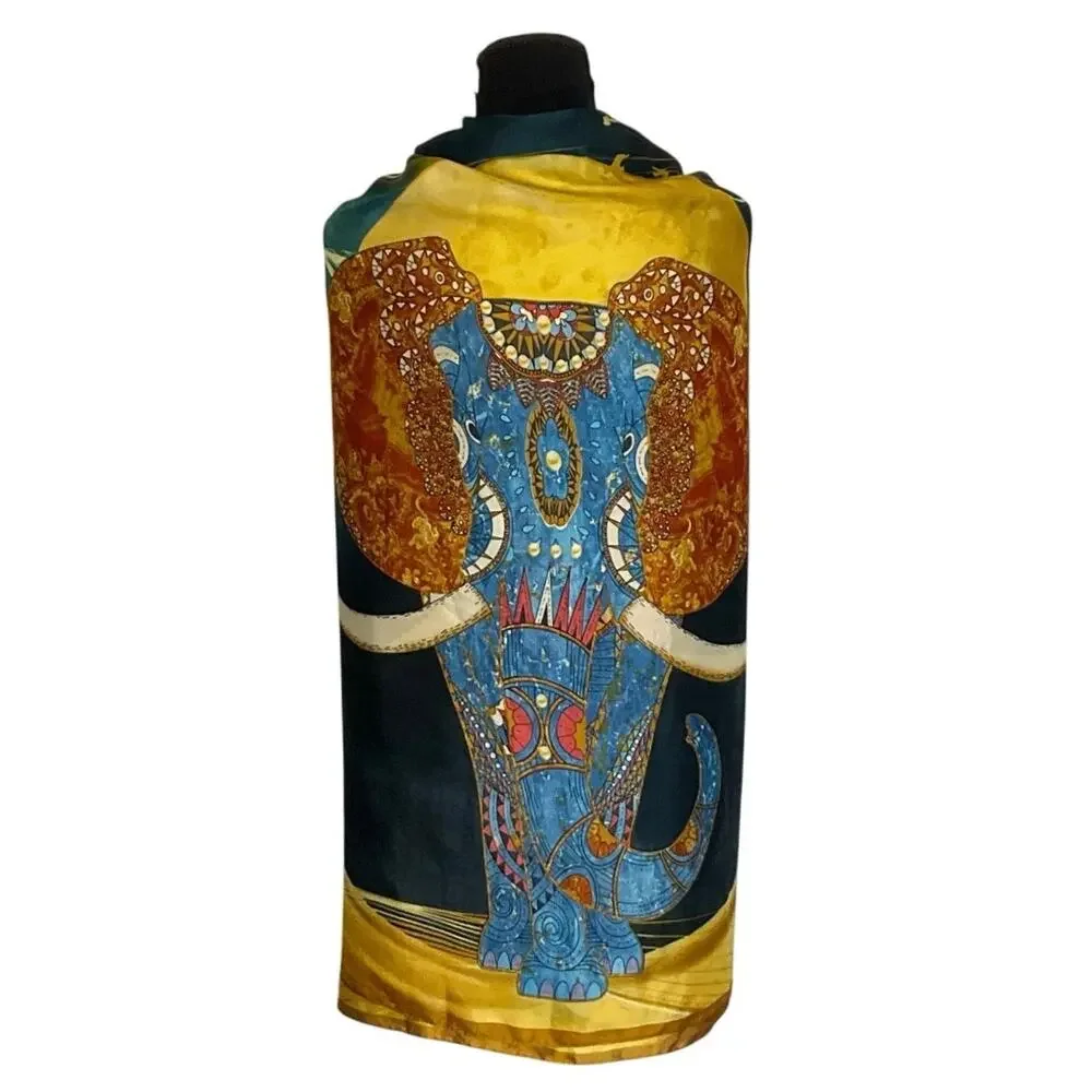 Oversized Elephant Scarf Blue Gold Satin Feel Polyester Wrap Shawl 35x69 Boho